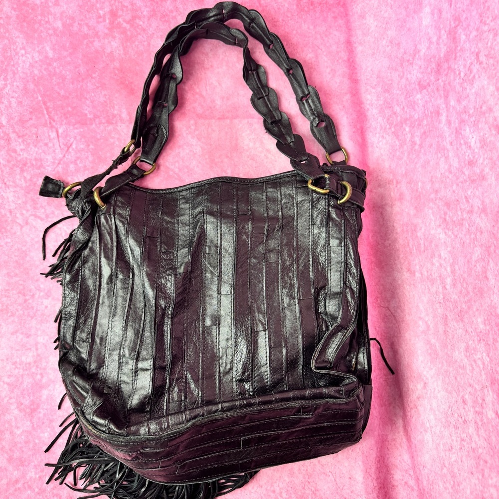 261. Black Boho Leather Fringe Tote Bag Large Slouchy Shoulder Bag - Picture 3 of 8